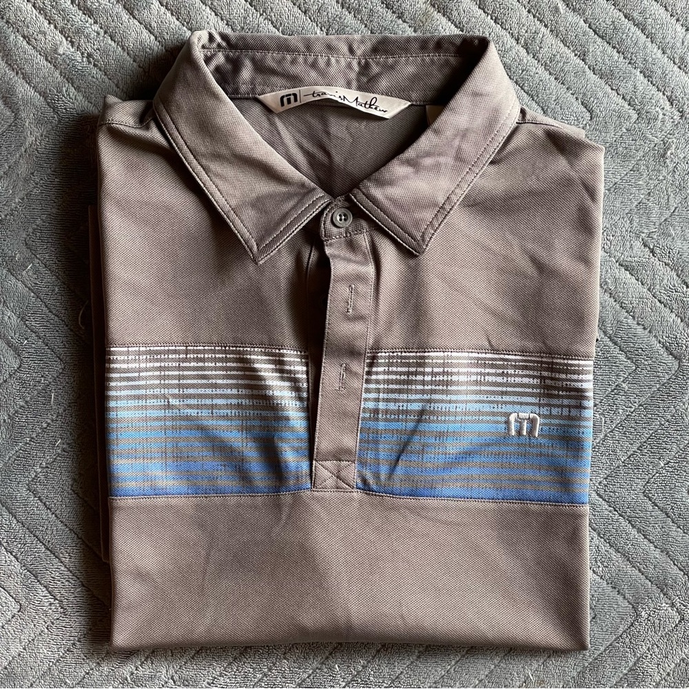 Travis Matthews Polo Shirt. Grey w/ Blue Stripes. Size X-Large.